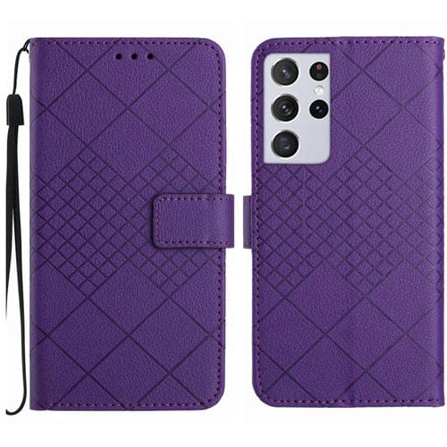 Funda de Cuero Samsung Galaxy S21 Ultra 5G Textura Rejilla Rómbica (Púrpura)