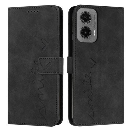 Funda de Piel con Relieve de Corazón para Motorola Moto G35 con Cordón Largo (Negro)