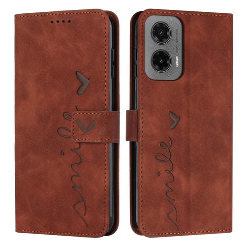 Funda de Piel con Relieve de Corazón y Cordón Largo para Motorola Moto G35 (Marrón)
