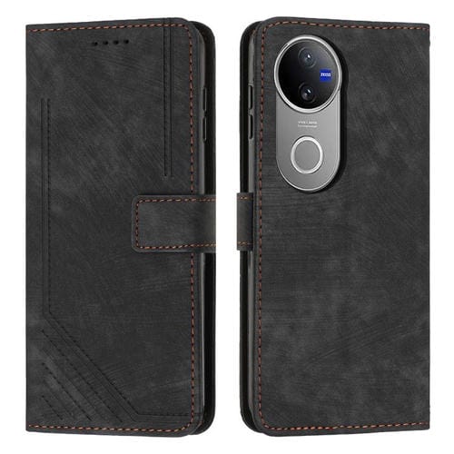 Funda de Cuero con Estampado de Rayas y Cordón para Vivo V50 (Negro)