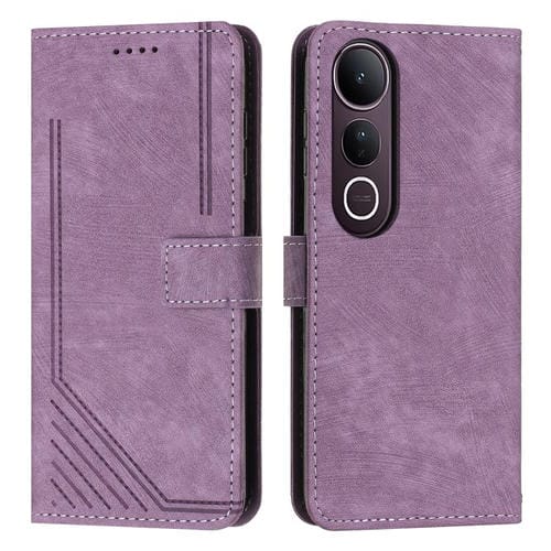 Funda de Cuero con Estampado de Rayas y Cordón para Vivo V50 Lite (Morado)