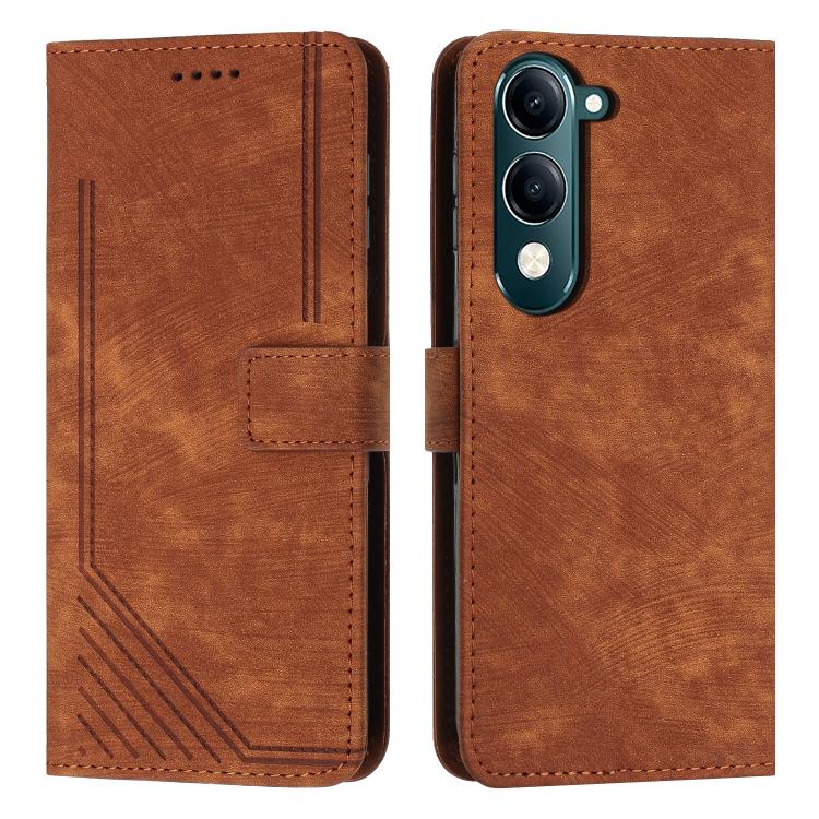Funda de Cuero con Estampado de Rayas y Cordón para Vivo Y29S 5G / Y04 4G (Marrón)