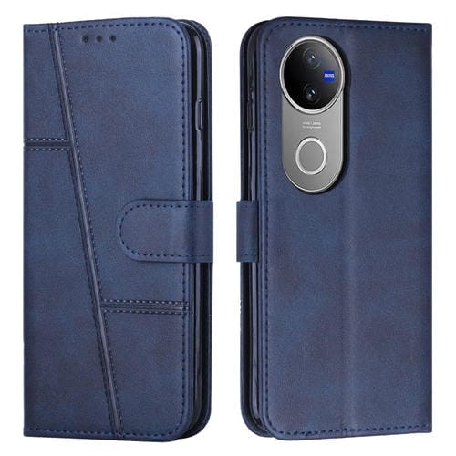Funda de Piel con Hebilla y Textura de Becerro con Costuras Globales para Vivo V50 5G (Azul)