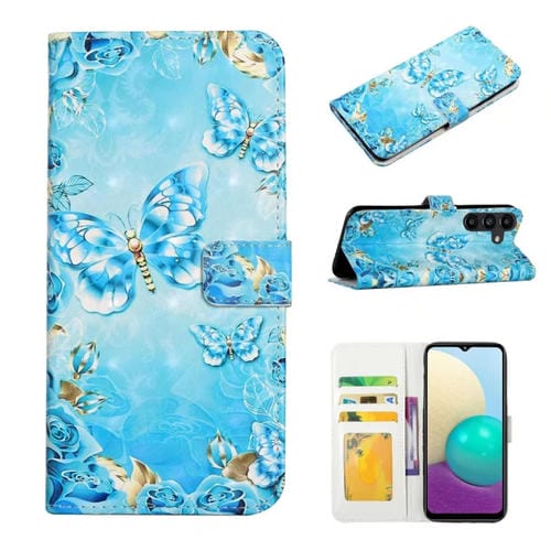 Funda de Cuero Samsung Galaxy A35 5G Dibujo 3D En Relieve al Óleo (Mariposas Azules)