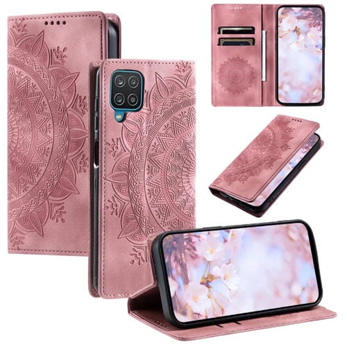 Estuche para Teléfono Samsung Galaxy A12 5G M12 F12 Cuero Magnético Relieve Tótem (Oro Rosa)