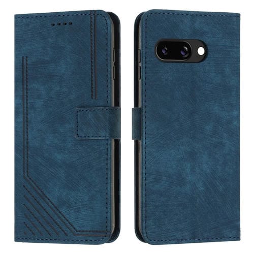 Funda de Cuero Google Pixel 9A con Diseño de Rayas y Cordón Largo (Azul)