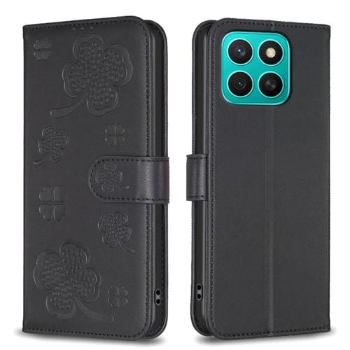 Funda de Cuero con Relieve Cuatro Hojas para Honor X8C 4G (Negra)