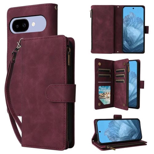 Funda de Cuero Multifuncional para Google Pixel 9A con Múltiples Tarjetas (Rojo Vino)