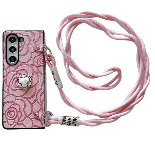 Funda Protectora Samsung Galaxy Z Fold5 5G Impression Camellia Pattern con CordĂłn Largo (Rosa)
