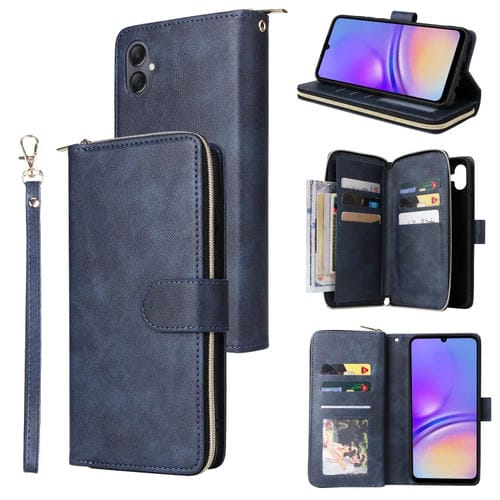 Funda para Samsung Galaxy A05 Bolsa Tipo Billetera con 9 Ranuras para Tarjetas y Cremallera (Azul)