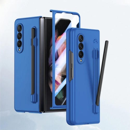 Estuche para Teléfono Samsung Galaxy Z Fold3 Sensación de Piel Integrada PC con Bolígrafo (Azul)