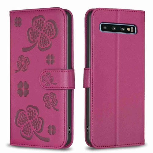 Funda para Samsung Galaxy S10 Cuero Relieve Cuatro Hojas (Rojo Rosa)