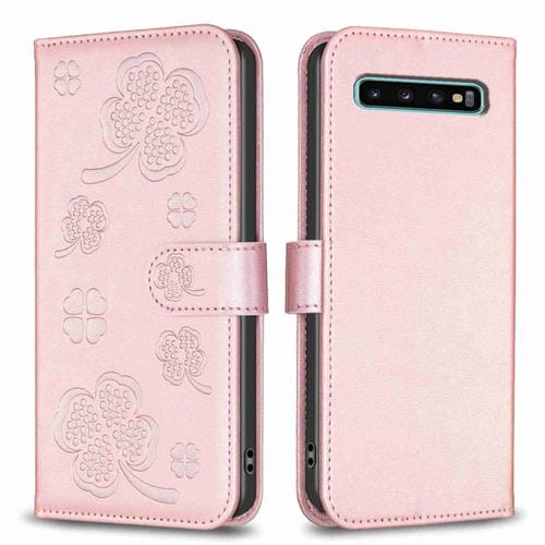 Funda de Cuero para Samsung Galaxy S10 con Relieve de Cuatro Hojas (Rosa)