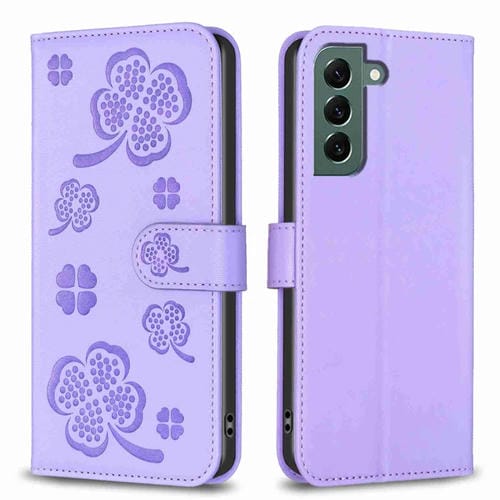 Funda para Teléfono Samsung Galaxy S21 FE 5G Cuero Relieve Cuatro Hojas (Púrpura)