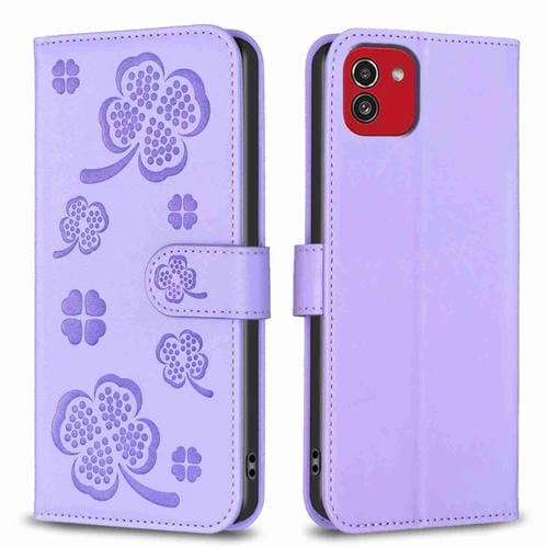 Funda de Cuero Samsung Galaxy A03 166mm con Relieve de Cuatro Hojas (PĂșrpura)