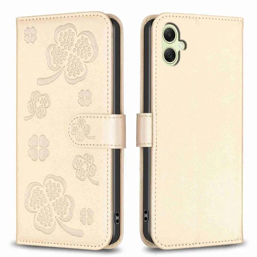 Funda de Cuero para Samsung Galaxy A05 con Relieve de Cuatro Hojas (Dorado)