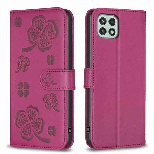 Funda para Samsung Galaxy A22 5G Cuero con Relieve de Cuatro Hojas (Rojo Rosa)