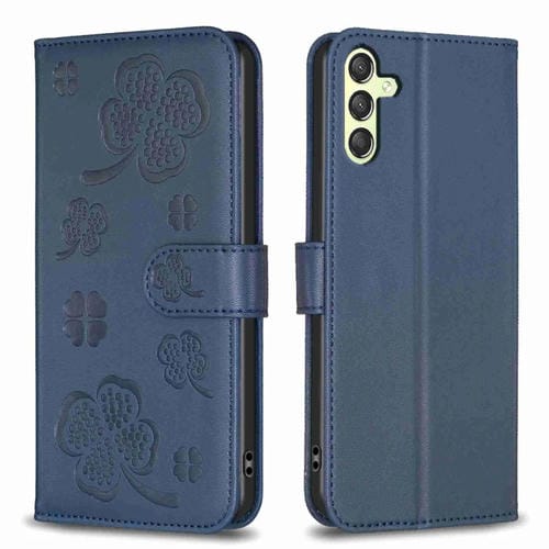 Funda de Cuero Samsung Galaxy A24 4G con Relieve de Cuatro Hojas (Azul)
