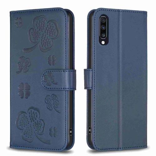 Funda para Samsung Galaxy A70 Cuero Relieve Cuatro Hojas (Azul)
