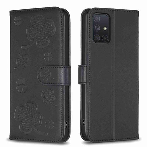 Funda para Samsung Galaxy A71 4G Cuero Relieve Cuatro Hojas (Negro)