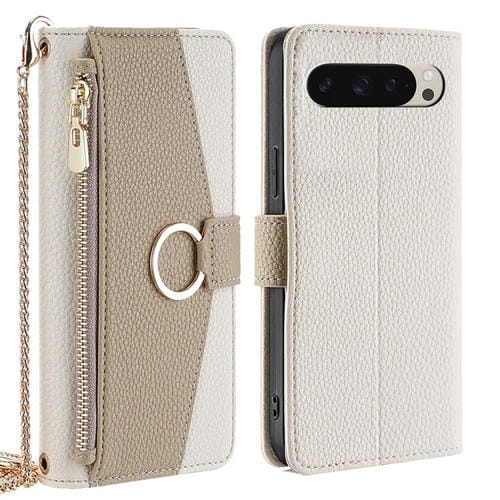 Funda de Cuero con Textura de Lichi y Bandolera para Google Pixel 9 (Blanca)