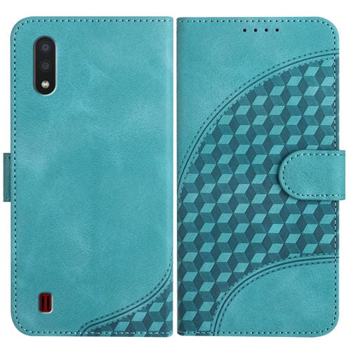 Funda de Cuero Samsung Galaxy A01 M01 Yx0060 Relieve Cabeza de Elefante con Cordón (Azul Claro)