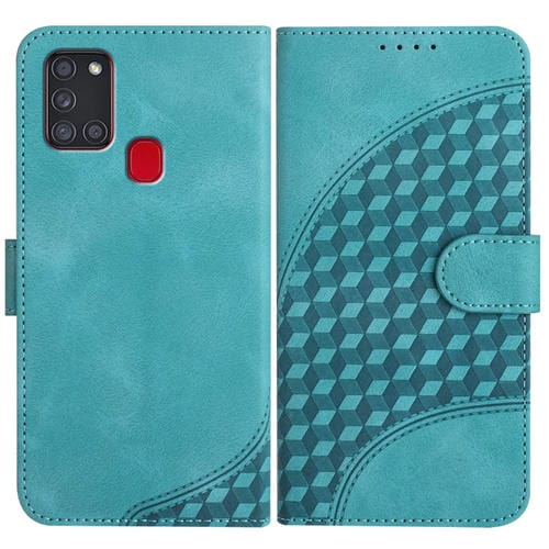 Funda de Cuero Samsung Galaxy A21S Yx0060 con Relieve de Cabeza de Elefante y CordĂłn (Azul Claro)