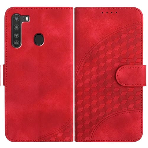 Funda de Cuero Samsung Galaxy A21 Versión UE Yx0060 con Relieve Cabeza de Elefante y Cordón (Rojo)