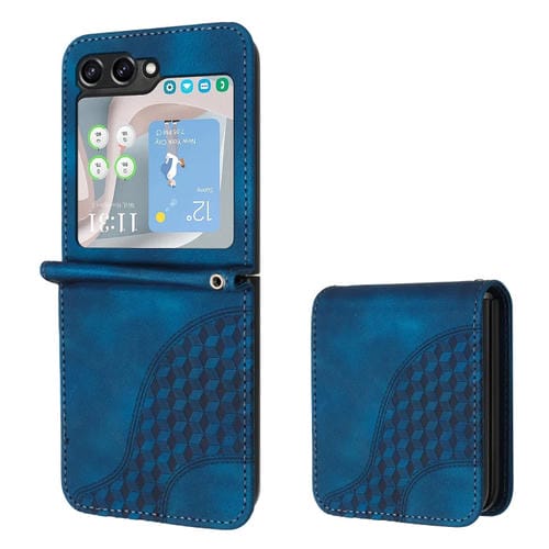 Funda de Cuero Samsung Galaxy Z Flip5 5G Yx0060 con Relieve y Cabeza de Elefante con Cordón (Azul Real)