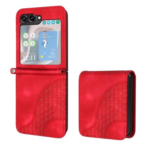 Funda para Samsung Galaxy Z Flip5 5G Yx0060 Cuero con Relieve y Cabeza de Elefante con Cordón (Rojo)