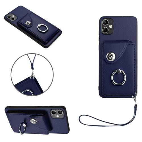 Bolsa para Tarjeta y Soporte para Anillo Funda para Teléfono Samsung Galaxy A04E 4G / M04 4G / F04 4G de PU con Cordón (Azul)