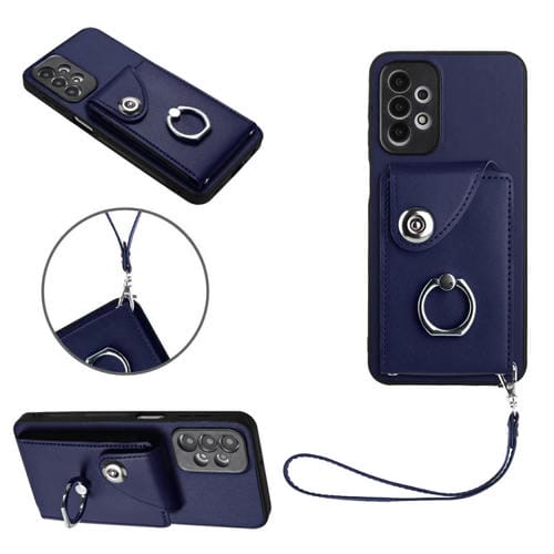 Funda para Teléfono Samsung Galaxy A13 4G de PU con Soporte para Anillo y Bolsa para Tarjeta con Cordón (Azul)