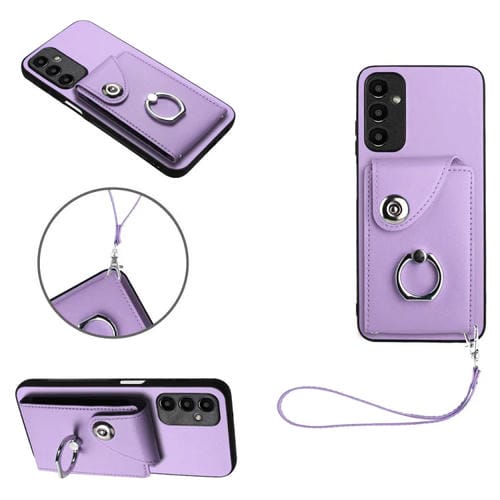 Funda para TelĂ©fono Samsung Galaxy A14 5G de PU con Soporte para Anillo y Bolsa para Tarjeta con CordĂłn (PĂșrpura)