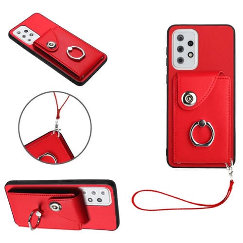 Funda para Teléfono Samsung Galaxy A33 5G de PU con Soporte para Anillo y Bolsa para Tarjeta con Cordón (Rojo)