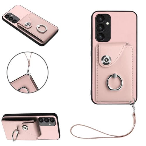 Funda para Teléfono Samsung Galaxy A54 5G Pu con Soporte para Anillo y Bolsa para Tarjeta con Cordón (Rosa)