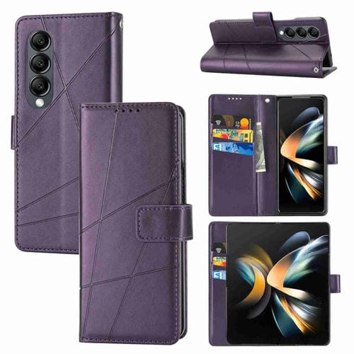 Funda para Teléfono Samsung Galaxy Z Fold4 PU con Línea En Relieve y Textura de Cuero Genuino (Púrpura)