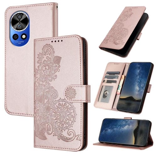 Funda de Cuero con Tapa y Relieve Flor de Datura para Huawei Nova 12 Pro/Nova 12 Ultra (Oro Rosa)
