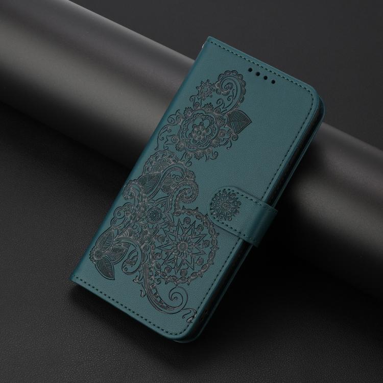 Funda de Cuero con Tapa para Huawei P50 Pro con Relieve Flor de Datura (Verde Oscuro)