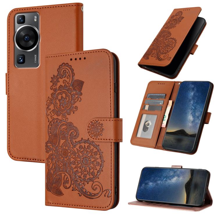 Funda de Cuero con Tapa para Huawei P60/P60 Pro con Diseño Flor de Datura (Marrón)
