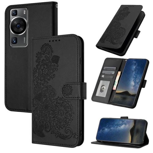 Funda de Cuero con Tapa y Flor de Datura en Relieve para Huawei P60/P60 Pro (Negra)