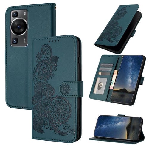 Funda de Cuero con Tapa y Relieve Flor de Datura para Huawei P60/P60 Pro (Verde Oscuro)