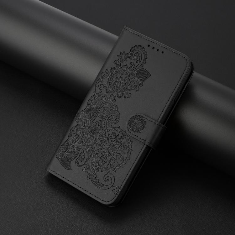 Funda de Cuero con Tapa y Relieve Flor de Datura para Huawei Enjoy 50/Nova Y70 (Negra)