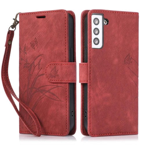 Funda para TelĂ©fono Samsung Galaxy S21 5G Cuero Relieve Mariposa OrquĂdea (Rojo)