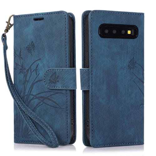 Funda para Samsung Galaxy S10 Cuero Relieve Mariposa OrquĂdea (Azul)