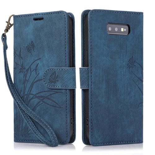 Funda para TelĂ©fono Samsung Galaxy S10E Cuero con Relieve Mariposa OrquĂdea (Azul)