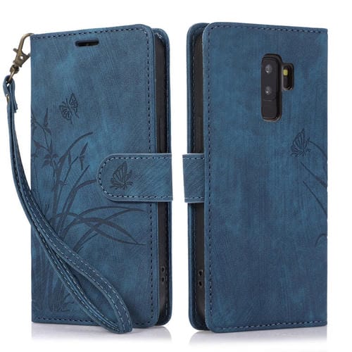 Funda de Cuero para Samsung Galaxy S9 con Relieve Mariposa OrquĂdea (Azul)