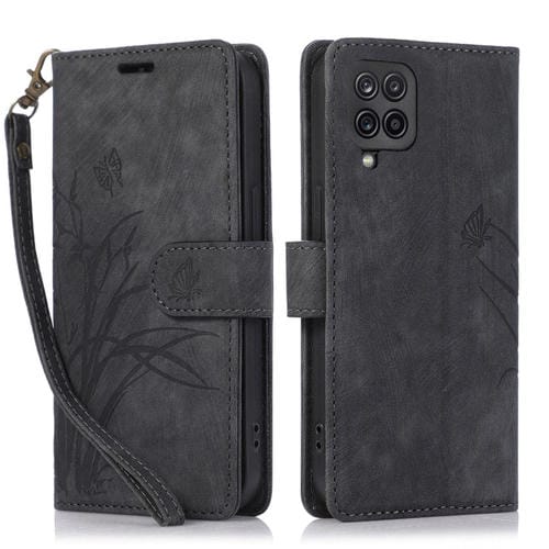 Funda para TelĂ©fono Samsung Galaxy A12 M12 Cuero Relieve Mariposa OrquĂdea (Negro)