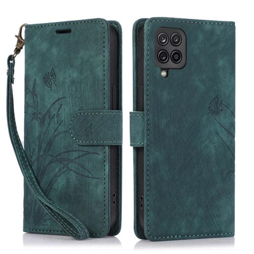 Funda para TelĂ©fono Samsung Galaxy A12 M12 Cuero Relieve Mariposa OrquĂdea (Verde)