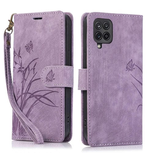 Funda para TelĂ©fono Samsung Galaxy A12 M12 Cuero Relieve Mariposa OrquĂdea (PĂșrpura)