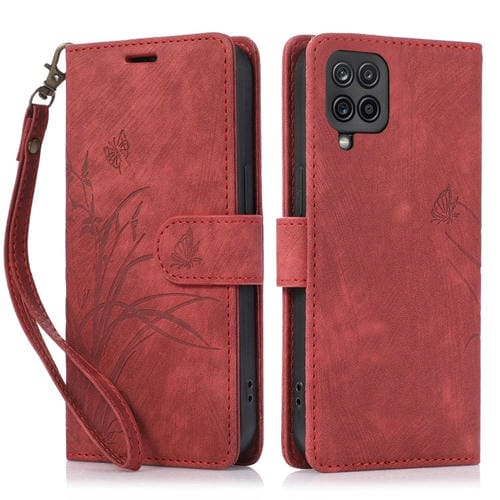 Funda para TelĂ©fono Samsung Galaxy A12 M12 Cuero Relieve Mariposa OrquĂdea (Rojo)